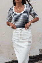 Striped Scallop-Trim Top with White Denim Skirt Set