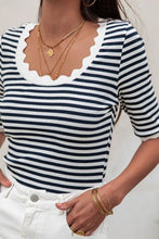 Striped Scallop-Trim Top with White Denim Skirt Set
