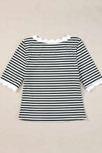 Striped Scallop-Trim Top with White Denim Skirt Set Woman T Shirts