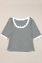 Striped Scallop-Trim Top with White Denim Skirt Set Woman T Shirts