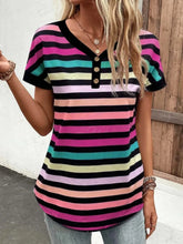Striped Short Sleeve Button Up V Neck Top for Women Stripe