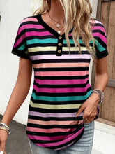 Striped Short Sleeve Button Up V Neck Top for Women