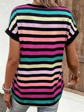 Striped Short Sleeve Button Up V Neck Top for Women