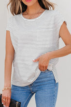 Striped Short Sleeve Cotton Blend T Shirt with Pocket for Women White
