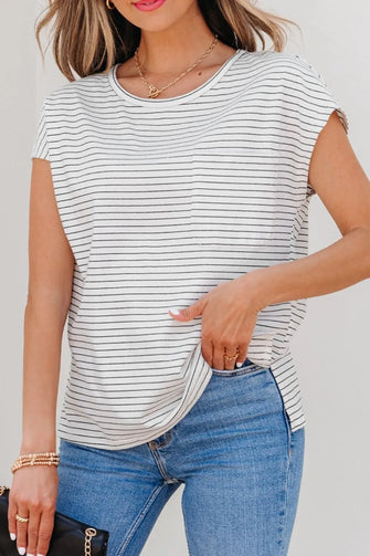 Striped Short Sleeve Cotton Blend T Shirt with Pocket for Women White