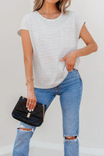 Striped Short Sleeve Cotton Blend T Shirt with Pocket for Women
