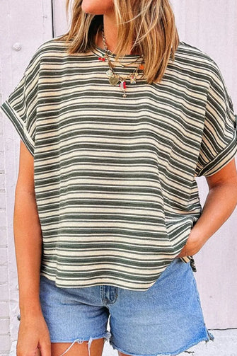 Striped Short Sleeve Shirt and Denim Shorts Set for Women Moss