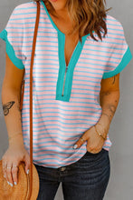 Striped Short Sleeve Shirt with Turquoise Zipper for Women Blush Pink
