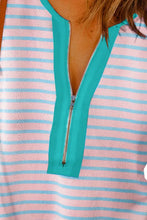 Striped Short Sleeve Shirt with Turquoise Zipper for Women