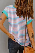Striped Short Sleeve Shirt with Turquoise Zipper for Women