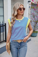 Striped Sleeveless Top with Yellow Trim Blue Pink Woman T Shirts