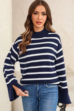 Navy and white striped slit drop shoulder sweater with bell sleeves