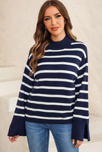 Navy and white striped slit drop shoulder sweater with bell sleeves