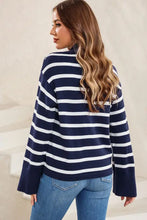 Striped slit drop shoulder sweater with navy white stripes and bell sleeves