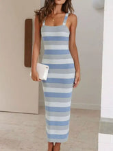 Striped square neck bodycon knit dress, fitted sleeveless midi with light blue white stripes