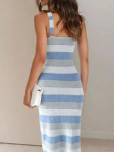 Woman in Striped Square Neck Bodycon Knit Dress, light blue and white stripes