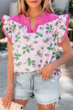 Pink and white striped strawberry printed color block patchwork v neck flutter sleeve blouse with ruffled sleeves