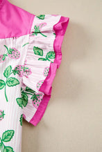 Pink strawberry print ruffled flutter sleeve on a white striped color block patchwork v neck blouse
