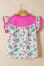 Pink and white strawberry print color block patchwork flutter sleeve blouse with ruffled sleeves and v neck design