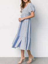 Striped Sweetheart Neck Puff Sleeve Midi Dress Casual Dresses