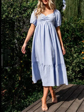 Striped Sweetheart Neck Puff Sleeve Midi Dress Light Blue Casual Dresses