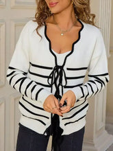 Striped tie front knit cardigan in white-black horizontal stripes, stretchy
