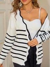 Striped tie front knit cardigan in white black horizontal stripes, slightly stretchy