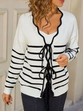 White and black horizontal striped tie front knit cardigan