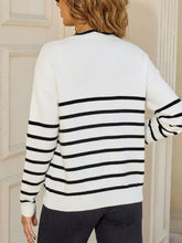 Back view of Striped Tie Front Knit Cardigan in white-black color palette with horizontal stripes, slightly stretchy