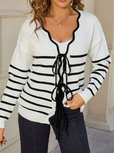 Striped tie front knit cardigan in white-black horizontal stripes, slightly stretchy