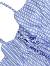 Blue and white striped tie-front peplum cami dress with halter neckline and tied waistband for casual wear