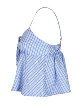 Blue and white striped tie-front peplum cami with halter neck and ruched waistband in lightweight fabric