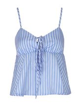 Blue and white vertical striped tie peplum cami with spaghetti straps and front knot detail for casual wear