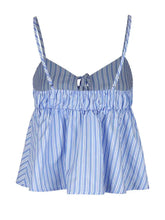 Blue and white sleeveless peplum cami with striped tie and gathered waist perfect for casual wear