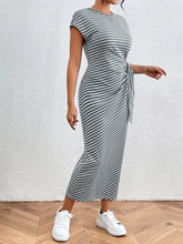 Striped Tie Waist Maxi Dress with Side Slit