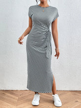 Striped Tie Waist Maxi Dress with Side Slit Gray