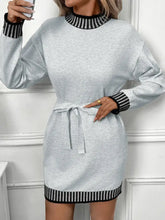 Light gray knit Striped Trim Tie Waist Sweater Dress with striped trim