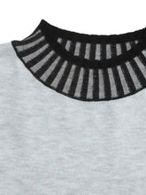 Striped Trim Tie Waist gray heathered sweater dress with black mesh collar