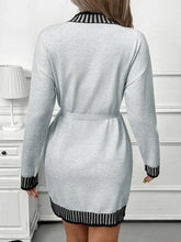 Light gray knit Striped Trim Tie Waist Sweater Dress with black white striped trim