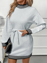 Light gray Striped Trim Tie Waist Sweater Dress with striped accents