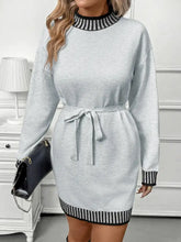Striped trim tie waist sweater dress in light gray knit with black white stripes