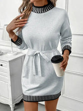 Light gray Striped Trim Tie Waist Sweater Dress with striped accents