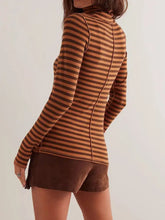 Striped Turtleneck Top with Exposed Seam Long Sleeve Women’s Shirt Brown Woman T Shirts
