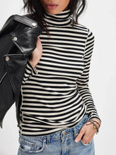 Striped Turtleneck Top with Exposed Seam Long Sleeve Women’s Shirt Black white