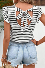 Striped V Neck Flutter Sleeve Top with Bow Back