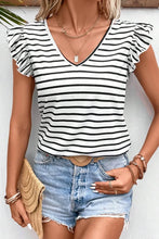 Striped V Neck Flutter Sleeve Top with Bow Back