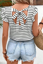 Striped V Neck Flutter Sleeve Top with Bow Back