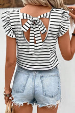 Striped V neck flutter sleeve top with bow back detail