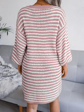Cozy oversized striped V-neck long sleeve sweater dress in soft pink and white