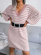 Striped v-neck long sleeve sweater dress in pink white with black belt